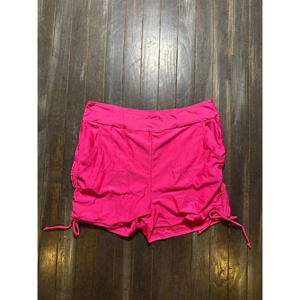 Womens Hot Pink High Waisted Ruched Side Tie Swim Shorts Pockets
